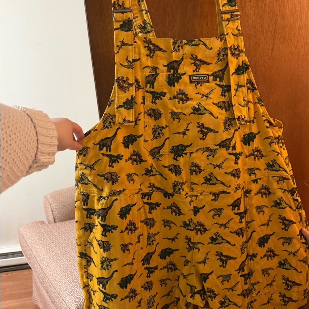 Adult Yellow Dinosaur Print Overalls